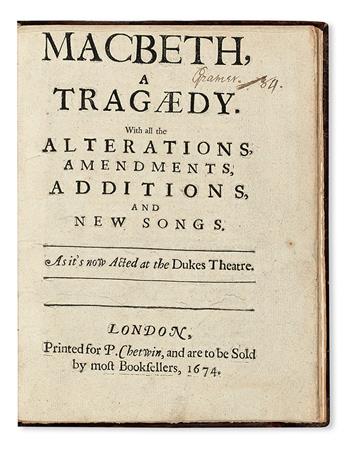 SHAKESPEARE, WILLIAM.  [Davenant, William, Sir.] Macbeth, a Tragædy.  1674